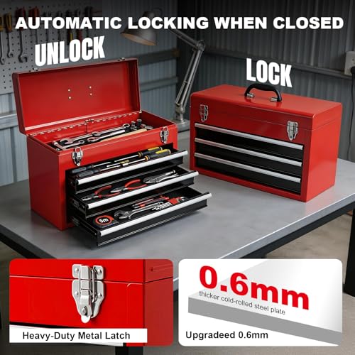 BIG RED Metal Tool Box, 20.5-inch, Portable Metal Tool Box with 4 Drawers, Small Tool Chest with EVA Liners, Ball Bearing Slide Drawers Locking & Powder Coated Finish, Multi-Function Tool Organizer - color: Red&Black, size: 20.5 Inch
