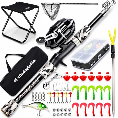 DaddyGoFish Kids Fishing Pole - Rod Reel Combo Tackle Box Starter Set - First Year Small Dock Gear Kit for Boys Girls Toddler Youth Age Beginner Little Children Junior Anglers - color: Black (Complete Set), size: 4ft