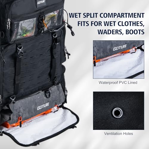 Goture Fishing Backpack with Cooler,72L Large 600D Tackle Backpack with Rod Holders,Dry & Wet Split Compartment,Adjustable Main Compartment,Rain Cover,Insulated Tactical Bag for Travel Camping Hiking - color: Black (Only Bag, Without Tackle Box)