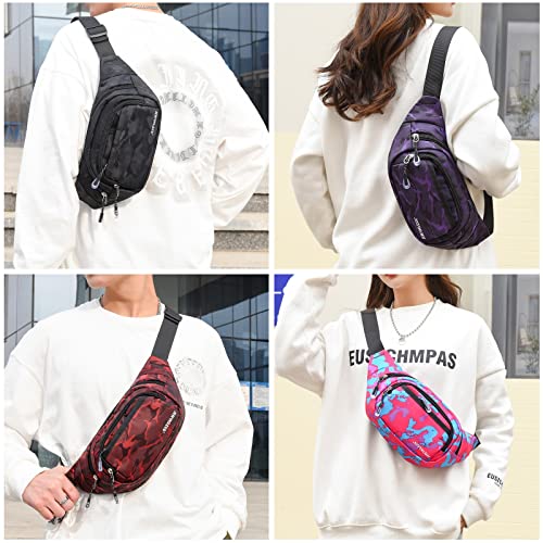Large Fanny Packs for Women, 5-Zipper Pockets Water Resistant Practical Waist Bag, for Outdoor Running Cycling Sports Travel Hiking Camping Fishing Fashionable Belt Bags - color: Camo Pink