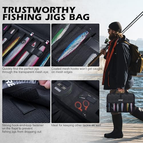 Goture Fishing Jig Bag,20 Mesh Pockets Portable Water-Resistant 600D PU Fishinig Lure Bag Saltwater Freshwater Suitable For Max 10" Length Vertical Jig Slow Pitch Jigging Bait Storage (16.92"x11.81") - color: B:16.92”x11.81”