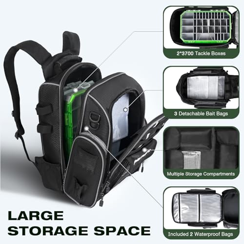 Ghosthorn Fishing Backpack 2 * 3700 Tackle Boxes 40L Waterproof Tackle Backpack with Rod Holders Large Outdoor Storage Tackle Bag for Fishing Men Women - color: With 3700*2 Black (40l)