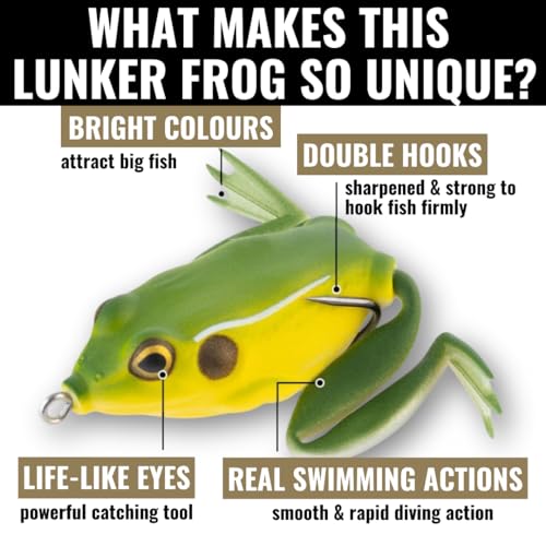 Lunkerhunt - Lunker Frog Fishing Lure | Award Winning Realistic Topwater Frog Lure for Fishing Bass, Trout and Pike | Freshwater Fish Bait with Hollow Body, Weedless Hooks for Freshwater Saltwater - color: Bull Frog