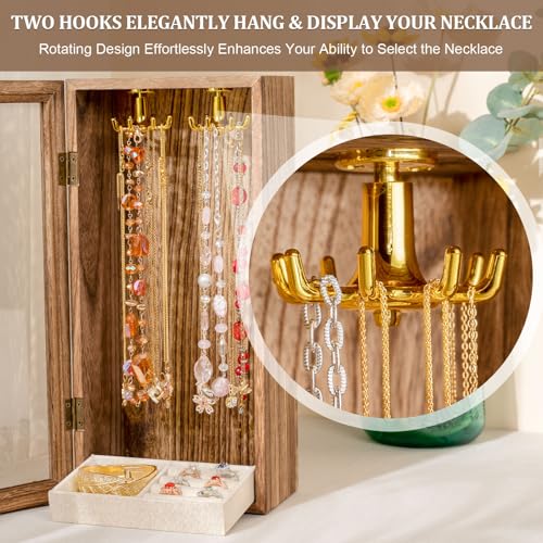 SINGLBA Necklace Holder Organizer, Wooden Jewelry Box for Women Girls, Rotatable Jewelry Organizer Case with Ring Tray Display & Storage for Necklaces Bracelets Rings Earrings, Gifts for Women Her - color: Carbonized Brown