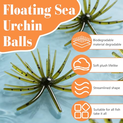 4Pcs Sea Urchin Soft Bait, Realistic Fuzzy Dice Fishing Lure,Floating TPR Swimbait with Reflective Stars, Plastic Baits for Bass Fishing,Drop Shot,Wacky Rig/Neko Rig & Finesse,Slow Sinking