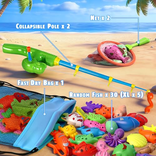 CozyBomB™ Magnetic Fishing Toys Game Set for Kids | Water Table Bathtub Kiddie Pool Party Pole Rod Net, Outdoor Plastic Floating Fish, Toddler Bath Color Ocean Sea Animals Birthday Gift Age 3-5 6 4-8 - size: 30 Fishes