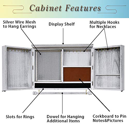 Rustic Wall Mounted Jewelry Organizer,Vintage Wooden Hanging Jewelry Holder Box with Barndoor Decor for Necklaces, Earings, Bracelets, Rings, Accessories. Includes Hook Organizer - color: WHITE