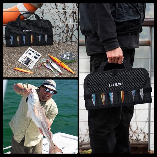 Goture Fishing Jig Bag,20 Mesh Pockets Portable Water-Resistant 600D PU Fishinig Lure Bag Saltwater Freshwater Suitable For Max 5.7" Length Vertical Jig Slow Pitch Jigging Bait Storage (12.99"x7.09") - color: A:12.99”x7.09”