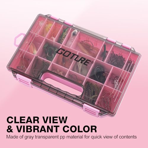 Goture Fishing Tackle Box Organizer - Transparent Fishing Organizer Box w/Measurement Ruler, Adjustable Dividers, Dual Latches | 2 Pcs 3700 Tackle Tray| Ergonomic Grip - color: C - Pink/Handle, size: 2pcs 3600