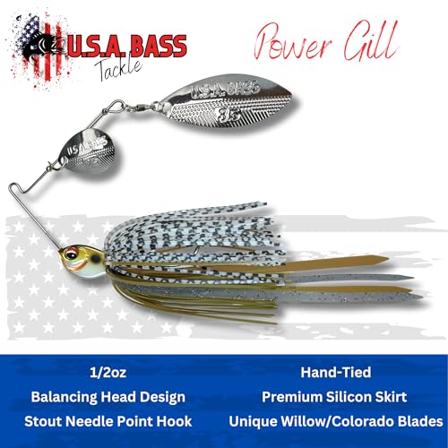 USA BASS Tackle Apache Attack Spinnerbait Type II Largemouth Smallmouth Spotted Bass Premium Fishing Bait Handtied Skirt Custom Blades Heavy Duty Hook New for 2025 - color: Power Gill, size: 1/2oz - Willow/Colorado