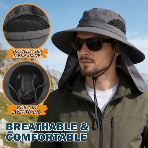 Wide Brim Sun Bucket Hat, Waterproof Boonie Hat for Men & Women | UPF 50+ UV Protection, Adjustable Fit, Chin Strap & Sweatband, Foldable Durable for Fishing Hiking Garden Beach - color: 07 Dark Grey