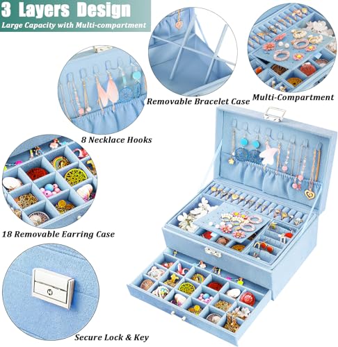 QBestry 3-Layer Jewelry Box for Girls & Teens with Lock and Key, Large Jewelry Organizer with 8 Necklace Hooks & 56 Earring Holes, Blue Velvet Jewelry Storage Box for Necklaces Earrings Rings Bracelet - color: Light Blue