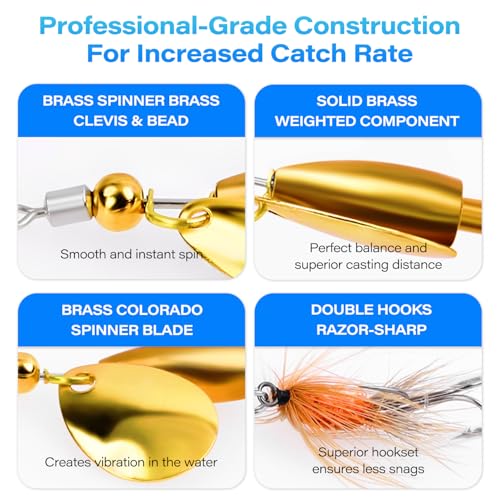 Trout Spinner Lures with Stimulator/Humpy Dry Fly Tail, Brass Hard Metal Hand-Tied Rooster Bait Tail Fishing Spinnerbaits for Bass Pike Salmon Saltwater Freshwater Lake River - color: 5PCS