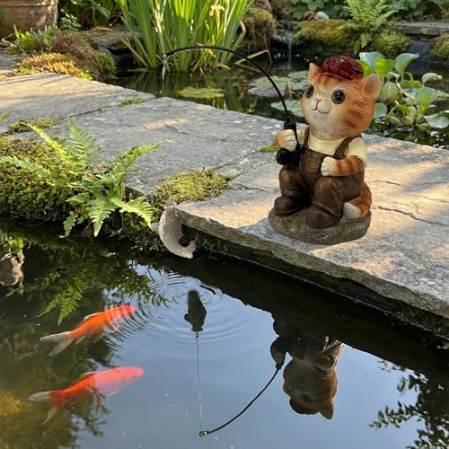 GARDEN WHISPER Cat Statue Outdoor Koi Pond Garden Decoration, Cat Decor for Yard 7.1'' Fishing Tabby Statue Outdoor Garden Decor, Fishing Guy for Waterfalls or Koi Pond Additioanl, Gifts for Mom - color: Fishing Cat（orange）