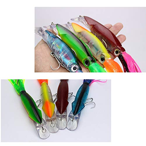 4Pcs Large Simulation Squid Fishing Lures Bait Kit,3D Holographic Eyes，Built-in Multicolored Lead Blocks Through Heavy Duty ，Stable and Tempting