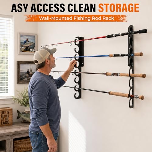Ahomiwow Ceiling Fishing Rod Holder Pole Vertically Horizontally Rack Overhead Storage Hooks Hanger Keeper Metal Organizer Display Wall Mounted Stores Holds up to 16 Rods Racks for Garage Basement