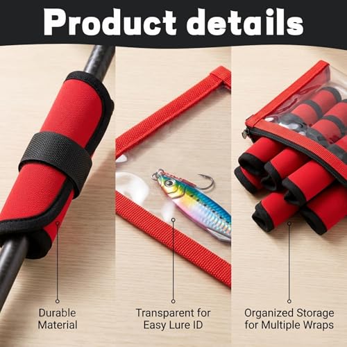 9PC Fishing Hook Covers Set,8 Red Lure Wraps for Fishing Rod and 1 Clear PVC Lures Protector,Fishing Lure Wraps,Bait Storage Protector Easily See Bait Glove to Keep Fishermen Safe