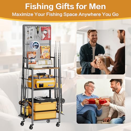 Olakee Fishing Rod Holders, Rolling Fishing Rod Rack for Garage & Boat, Tackle Box & Reel Holder Cart, Easy Assembly Fishing Gear Management System, Ideal Birthday Gift for Men Dad Anglers - color: 8 Rods,Brown
