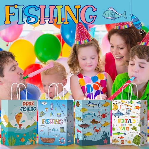 Kosiz 24 pcs Gone Fishing Party Favors Bags Little Fisherman Gift 1st Birthday Goodie Paper Bags Fish Animal Candy Treat Pouch with Handles for Summer Fishing Party Decorations Supplies - style: Fishing