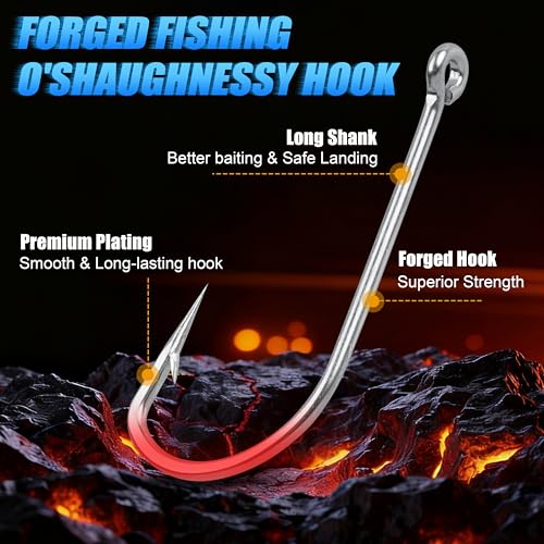 Stainless Steel Saltwater Fishing Hooks - 50pcs O'shaughnessy Hooks Forged Long Shank J Fishing Hooks Extra Strong Fish Hooks for Trolling Sea Bass Striper Cod Bluefish Size 1/0-10/0 - size: 4/0-50pcs
