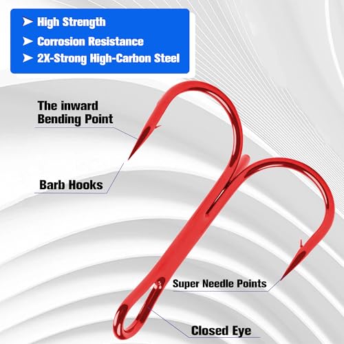 50 Pack Fishing Treble Hooks Kit High Carbon Steel Fish Hook Strong Sharp Round Bend Split Rings for Lures Baits Saltwater Freshwater Fishing Size 1/0 2 4 6 8 10 - color: Red, size: 6# - 50pcs
