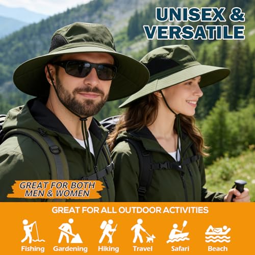 Wide Brim Sun Bucket Hat, Waterproof Boonie Hat for Men & Women | UPF 50+ UV Protection, Adjustable Fit, Chin Strap & Sweatband, Foldable Durable for Fishing Hiking Garden Beach - color: 01 Army Green