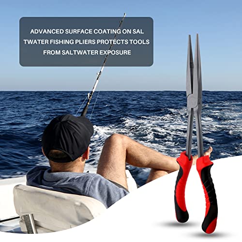 Hikary Long Nose Fishing Pliers, Stainless Steel Hook Remover Braid Cutter Rustproof Multi-Tool Fishing Gripper for Freshwater Saltwater - color: Red-11inch