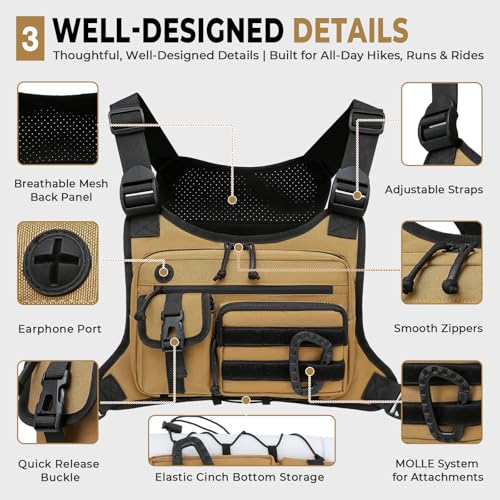Muserise Outdoor Chest Bag For Men and Women, Tactical Vest For Running, Cycling, EDC Chest Pack Rig For Sports and Workouts - color: Khaki