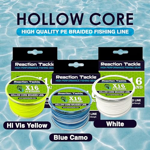 Reaction Tackle Hollow Core Braided Fishing Line - 16 Strand Splice Ready Braid for Knotless Leader Connections, Freshwater and Saltwater Trolling and Offshore - color: White, size: 130 Lb (1200 Yards)