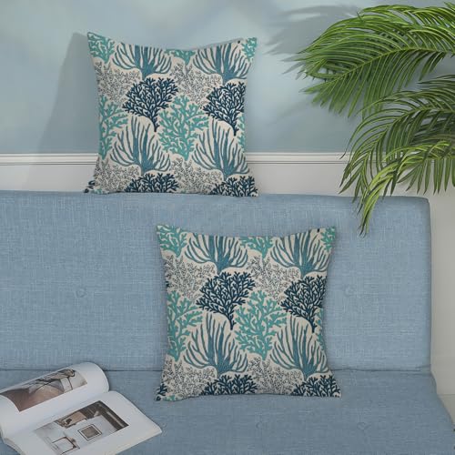 Coastal Pillow Covers 16x16 Inch 2 Pcs Blue Teal Turquoise Coral Summer Outdoor Decor Throw Pillows Nautical Sea Ocean Themed Holiday Decoration Pillowcase Linen Cushion Cover for Couch Sofa - color: Blue Teal Coral, size: 16" x 16" (Pack of 2)