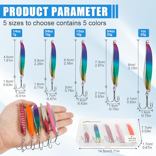 Fishing Spoons Lures Kit, 5PCS Metal Jigging Spoons Casting Trolling Spoons Pike Spoon with Treble Hooks for Bass Trout Pike Tuna Salmon Walleye Crappie Freshwater Saltwater Fishing - color: TypeB, size: 1OZ