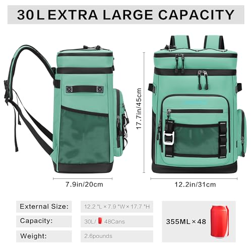 Hulongo Large Waterproof Insulated Cooler Backpack for Men & Women, Leak Proof Cooler Backpack for Camping, Beach, Fishing, Picnic, Travel, Outdoor, 30L, 48Cans - color: Light Green