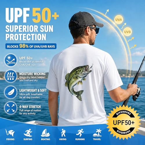 Riverruns Men's Fishing Shirt Short Sleeve UPF 50+ UV Sun Protection T-Shirt Rash Guard Swim Shirt #1024 - color: White/Jumping Bass, size: X-Large
