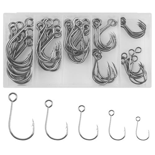 Fishing Inline Single Hooks kit Replacement Fishing Hooks for Lures Plugs Baits Inline Circle Hooks Baits Inline Circle Hooks with Barbed Large Eye Saltwater Freshwater - style: 60pcs