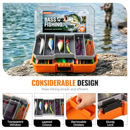 PLUSINNO Bass Fishing Lures - Pro Tackle Box Kit for All Water, 307 pcs | Largemouth Smallmouth Bass Fishing Kit, Freshwater, Lake, 6 Pre-rigged Rigs for Ready to Use, Beginners Fishing Tackle - color: orange