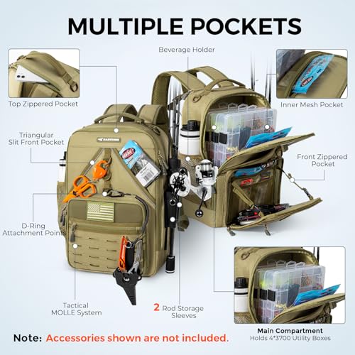 KastKing KarryAll KastMate Fishing Tackle Backpack,Water-Resistant Tackle Bag With 2 Rod Holders,Fishing Gear and Equipment With Large Gear Storage,Khaki - color: C: Khaki