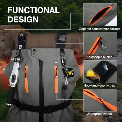 Goture 5-Layer Waterproof Stocking Foot Waders, Breathable Fly Fishing Waders for Men Women, Multiple Storage Pockets 5 Sizes - color: Gray - Chest Zipper - Gift Box Pack, size: Large