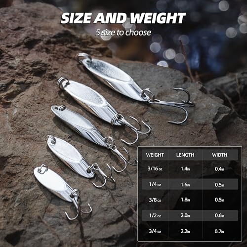 Slant Cut Spoon 8PCS – Metal Fishing Baits with High-Reflective Blades for Bass, Trout, Pike, Walleye – Sharp Treble Hooks for Freshwater & Saltwater, Long Casting, Lake & River Fishing - size: 1/4oz