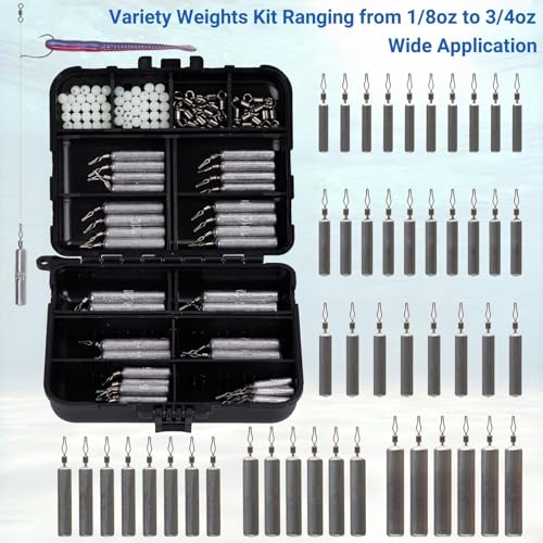 48Pcs Drop Shot Weights Set, Slim Pencil Style | Lead Fishing Weights Sinkers Kit, Dropshot Rigging, 6 Sizes Assorted, Includes Barrel Swivel and Rig Beads