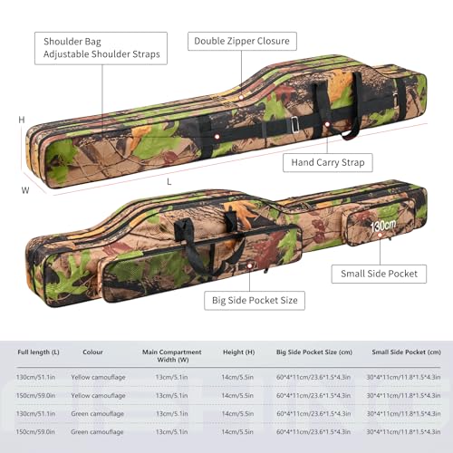 LEOFISHING Portable Folding Fishing Rod Carrier Reel Case Bag 4.27ft/ 4.92ft Oxford Fish Pole Tools Soft Case Pro Gear Tackle Storage Bag for Shoulders Handles (Green Camouflage, 150cm/4.92ft)