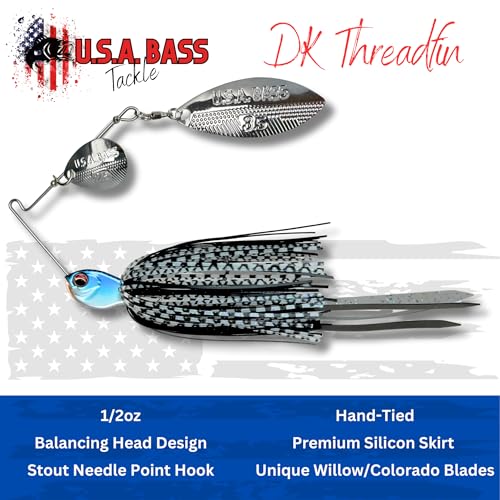 USA BASS Tackle Apache Attack Spinnerbait Type II Largemouth Smallmouth Spotted Bass Premium Fishing Bait Handtied Skirt Custom Blades Heavy Duty Hook New for 2025 - color: DK Threadfin, size: 1/2oz - Willow/Colorado