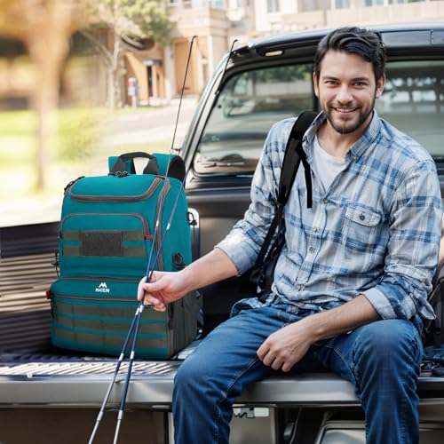 MATEIN Fishing Backpack Tackle Box, Water Resistant Tackle Backpack with Cooler & Rod Holders, Fishing Gifts for Men - color: Icy Blue & Grey