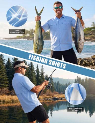 WULFUL Men's Sun Protection Fishing Shirts UPF 50+ Lightweight Quick Dry Cooling Short Sleeve Shirts for Work Hiking Safari - color: Light Blue, size: Medium
