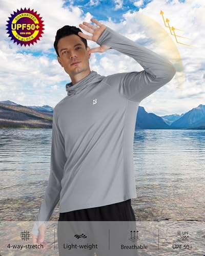 Roadbox Men's UPF 50+ Hooded Fishing Shirts Long Sleeve Sun Protection Hoodie, Hiking Running Swimming Rash Guard with Mask - color: Luxury Gray, size: Large
