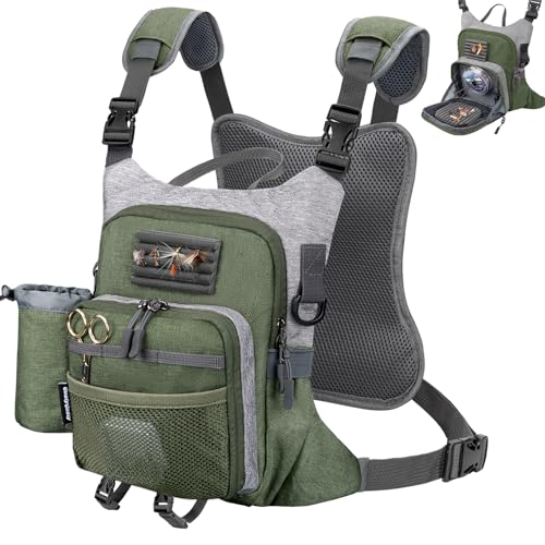 QulayQualy Fly Fishing Pack - Chest Pack with Work Station Lightweight Tackle Fishing Bag with Quick-Release (Green, L-12'' w/Cup Sleeve) - color: Green, size: L-12''