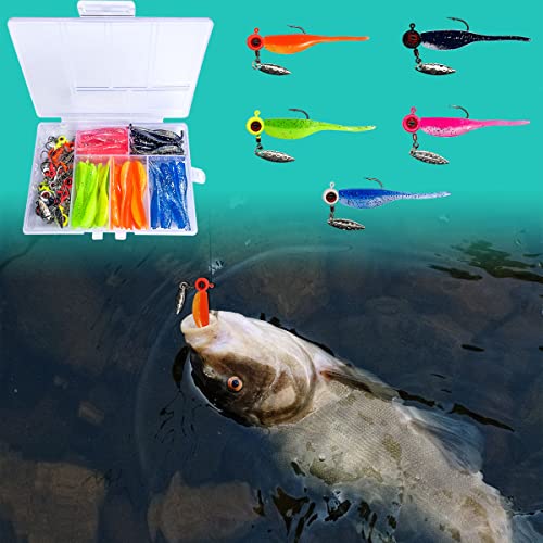 65Pcs Crappie Jigs Lure kit, 2 inch Crappie Bait with Fishing Jig Heads Hooks for Saltwater Freshwater Bass Trout - color: D: 15pcs crappie jigs and 50pcs lures