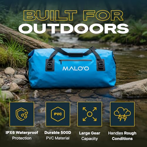 Malo’o Waterproof Dry Duffel, Heavy-Duty Roll Top Waterproof Gear Bag with Shoulder Strap & Molle Loops, Marine Duffel for Kayaking, Boating, Camping, Beach & Travel, Blue, 60L - color: Blue, size: 60L