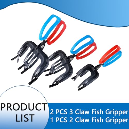 2PCS 3 Claw Fish Gripper and 1PCS 2 Claw Fishing Pliers,Upgrade Multifuctional Fish Grabber Tool,Fishing Pliers Kit for Most Freshwater Fish and Crabs(Blueish Red)