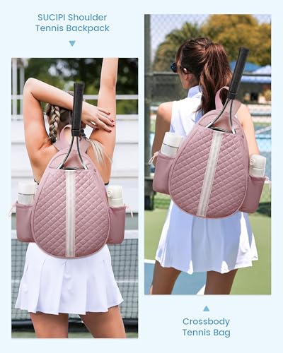 Sucipi Tennis Bag, Quilted Tennis Sling Crossbody Backpack, Water Resistant Tennis Racket Bags for Women Men, Suitable for Pickleball Tennis Badminton - color: Pink, size: Medium