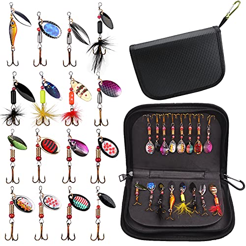 16pcs Fishing Lures Spinnerbait Hard Metal Inline Spinner Baits Kit | Spinner Lures with Feathered Treble Hooks, Fishing Spinner Baits for Freshwater Saltwater Bass Trout with Portable Carry Bag